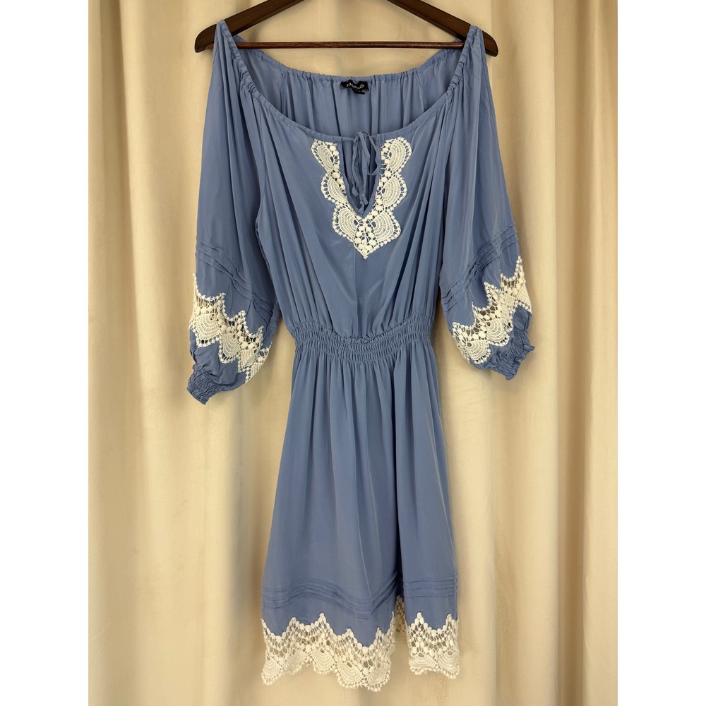 Vintage Bebe 100% Silk Periwinkle Blue Cold‎ Shoulder Lace Dress – Size Small